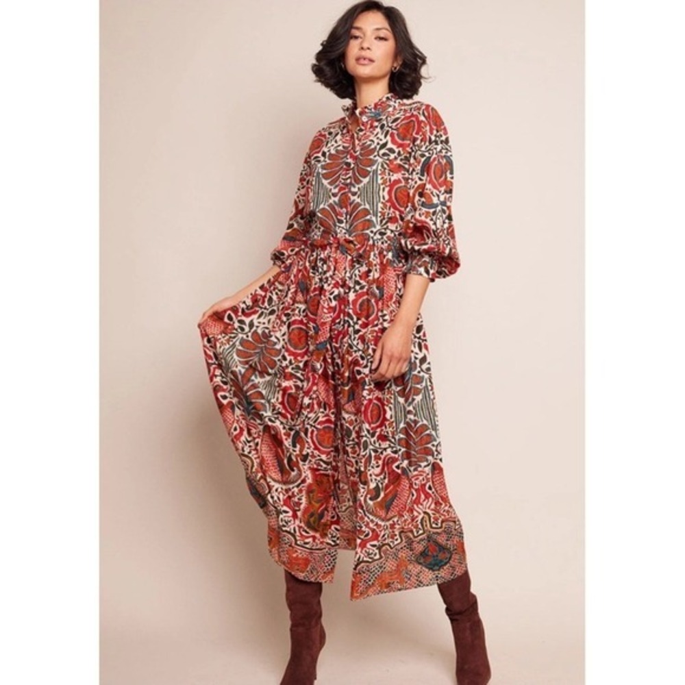 Anthropologie x Cara Cara Beatrice Dress Turtledove Luxor Red Floral Midi XL